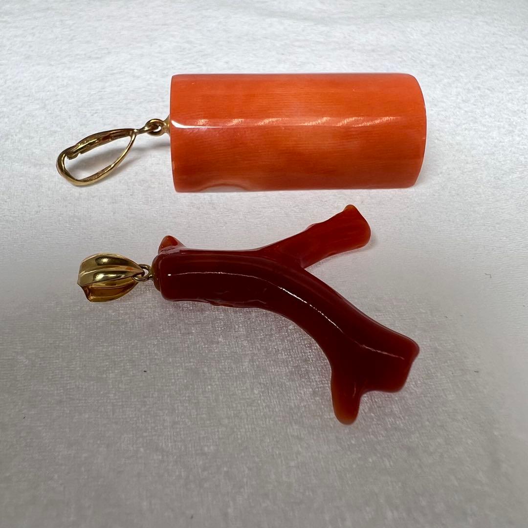 1K18刻印　ダイヤ入　本赤珊瑚　ネックレストップ　2点　10.7g