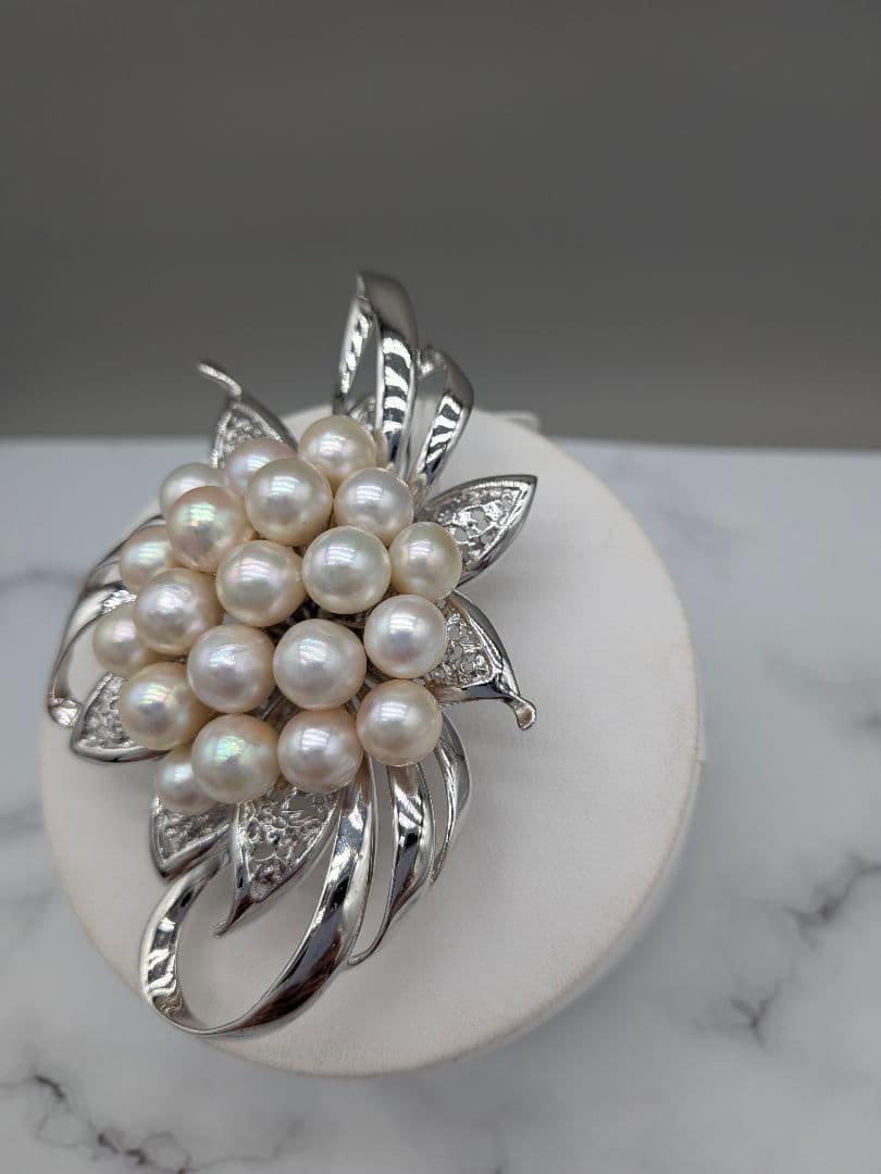 あこや真珠 ブローチ 大粒20珠 9.7×6.5cm 花デザイン　帯留め兼用