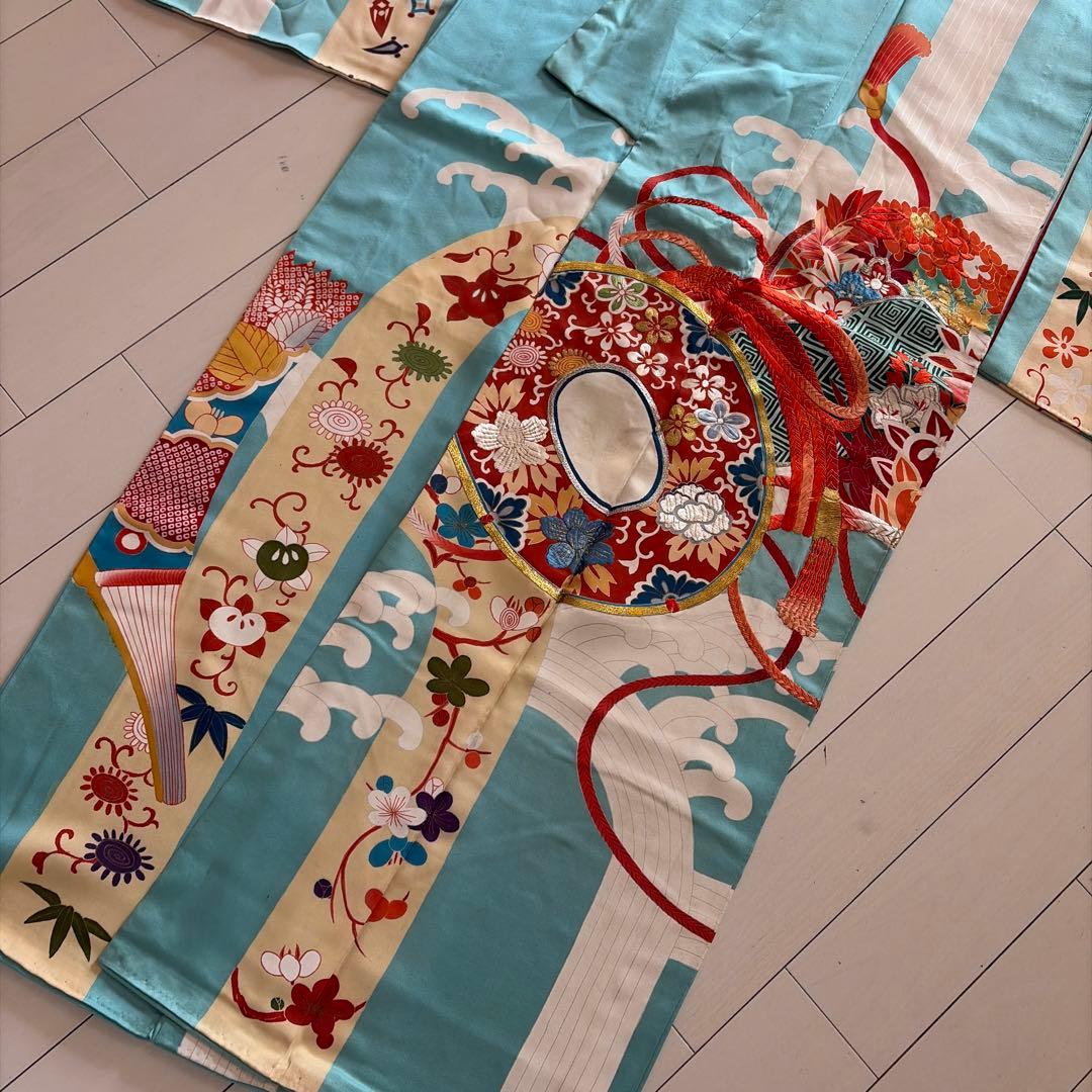 □E5787□アンティーク□正絹□水色 宝尽し柄 袷 小振袖□丈163 裄66