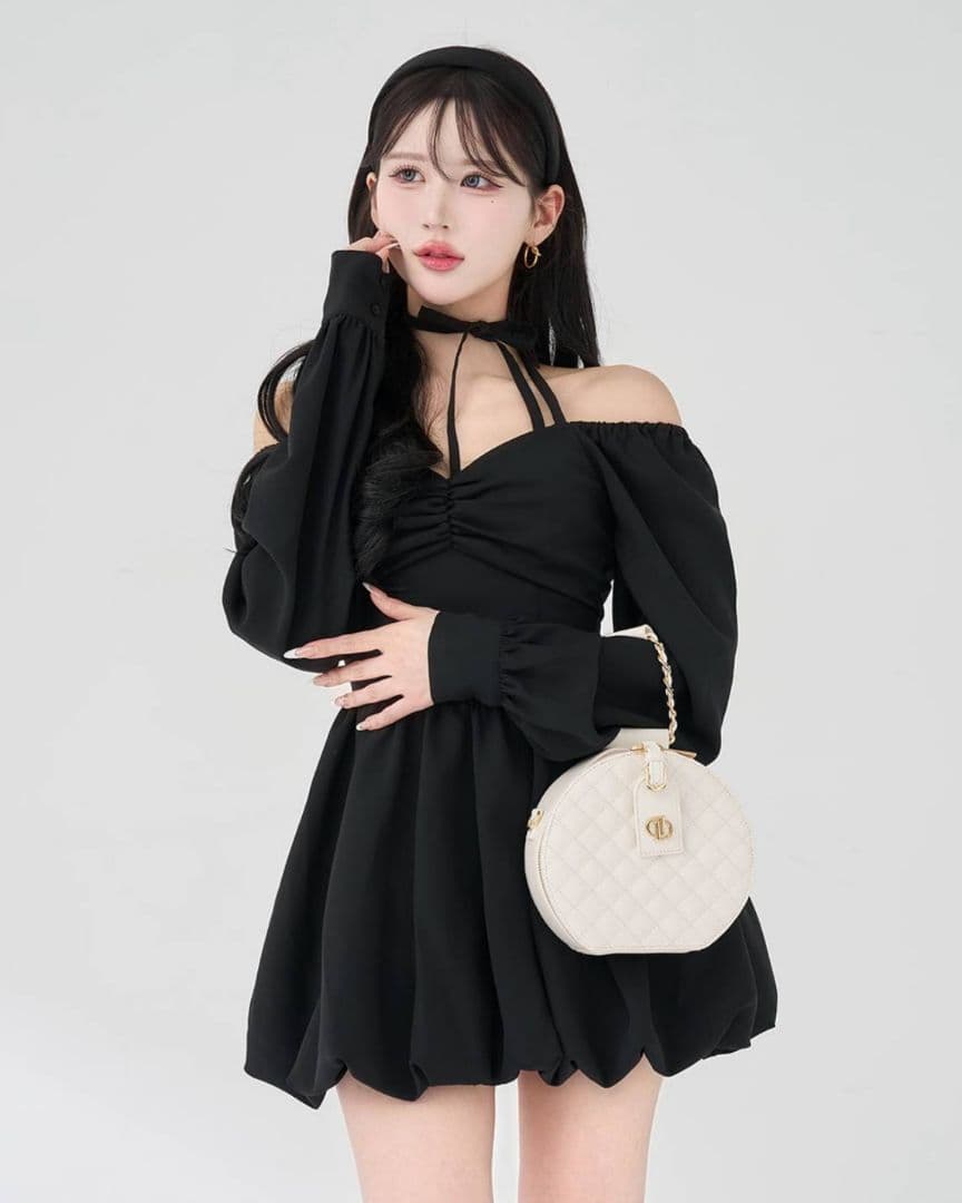 ダーリッチ ウエストコルセットバルーンミニワンピース 黒 ブラック