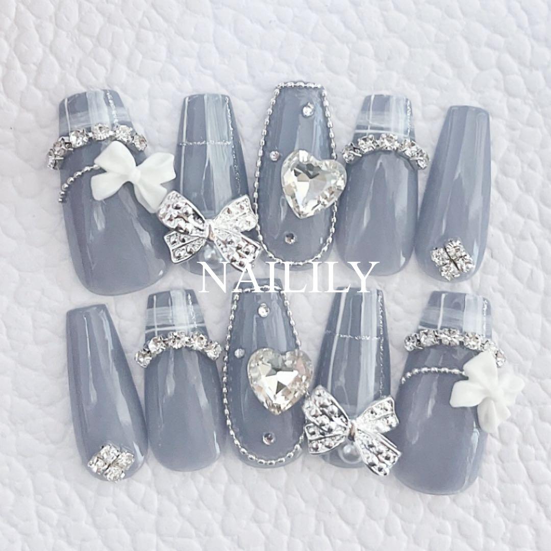 ネイルチップ チェック ガーリー 韓国 リボン 量産型 地雷系