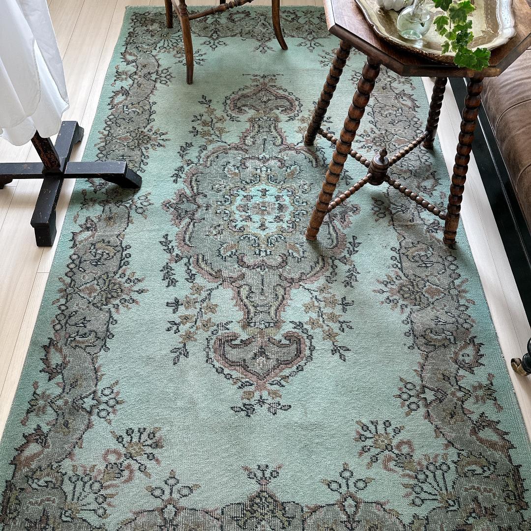 トルコ ヴィンテージラグ A58 ターコイズブルー カーキ ピンク オーバーダイ 233eb63b2b202f96907c51a46f2691