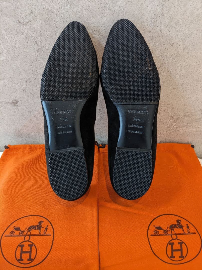 ☆HERMES☆Hロゴの牛革とバックスキン異素材のフラットシューズ黒 362