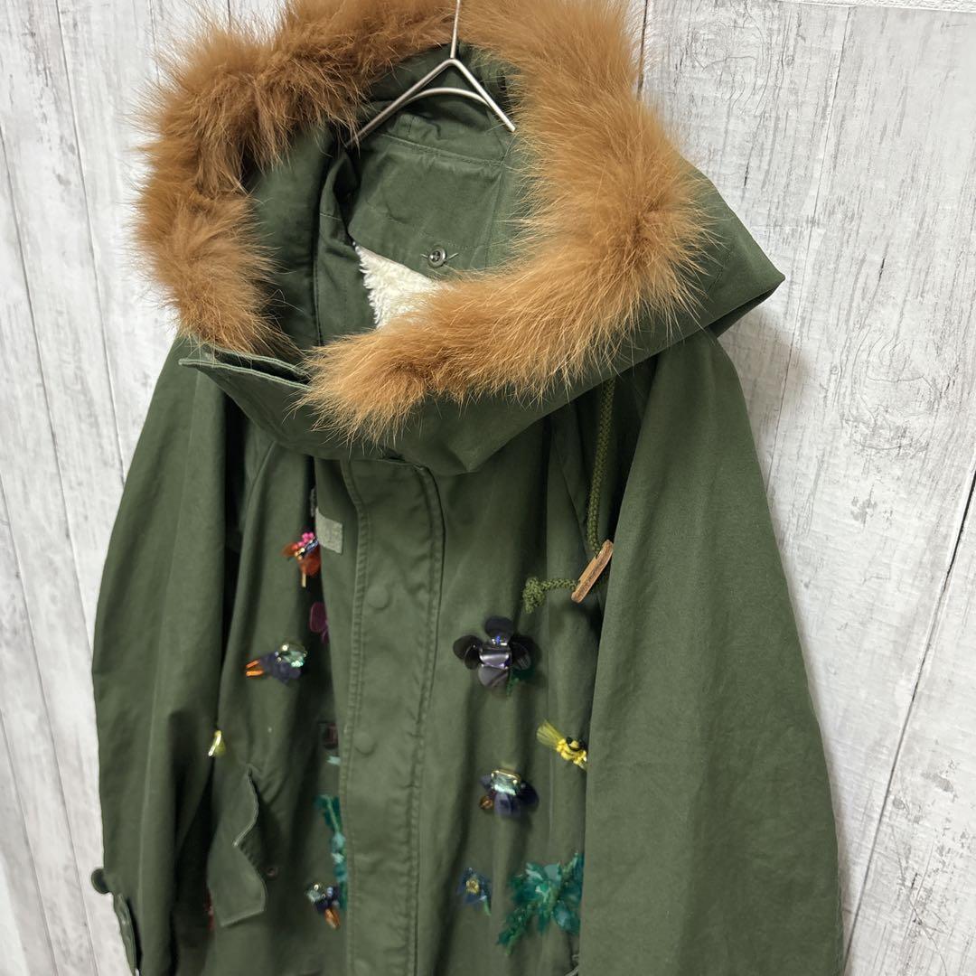 MUVEIL アクリル刺繍モッズコート ブルーフォックスファー フード 38