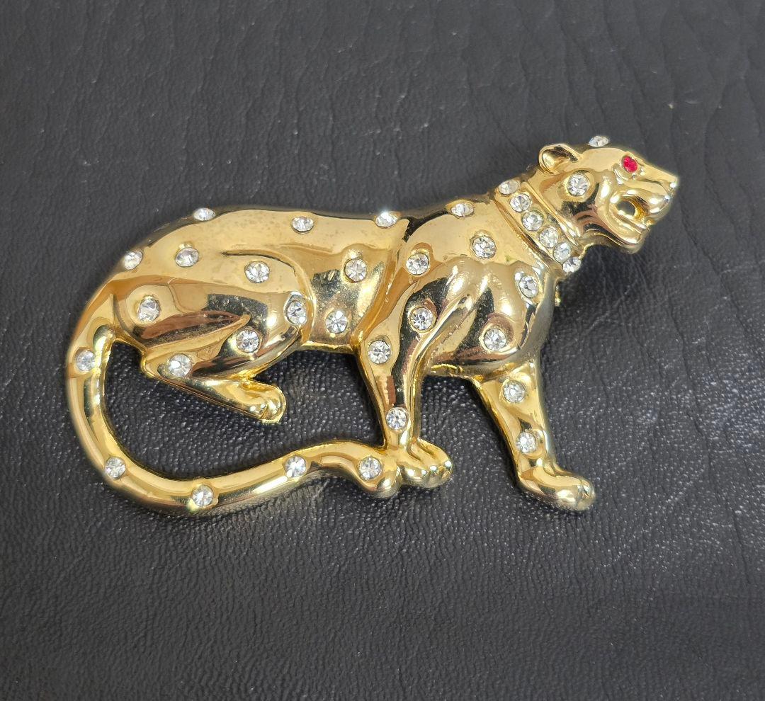 1980年代 ヴィンテージ ヒョウ柄 ブローチ ゴールドカラー ライン