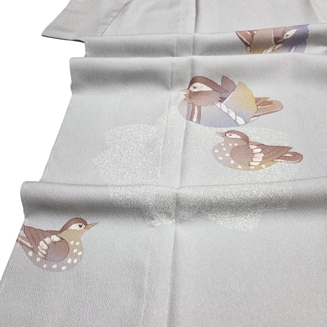 付下げ 裄丈68.5 鴛鴦 おしどり 落款 三良 丹後ちりめん 白鼠ぼかし 桜