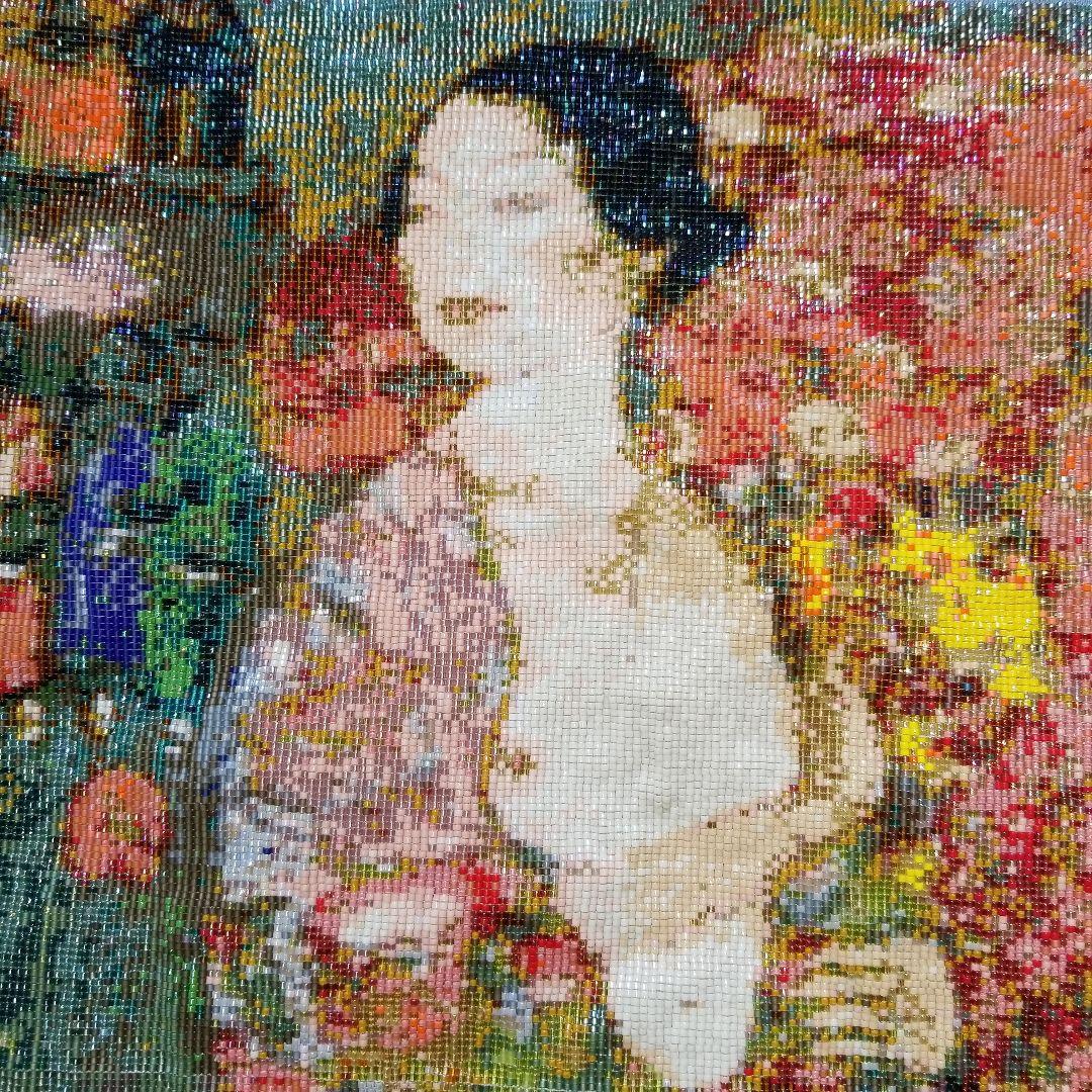 クリムト「踊り子」　ビーズ織りアート ハンドメイド クリムトの庭の黒猫」F0サイズ アート作品 原画 猫 徳島洋子作品