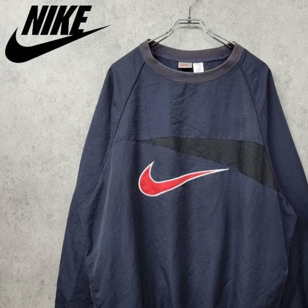 【90s 古着】ナイキ 刺繍 ナイロンジャケット ネイビー×レッド XL 90年代 NIKE ナイキ JUST DO IT. スウォッシュロゴ 切り替え 刺繍