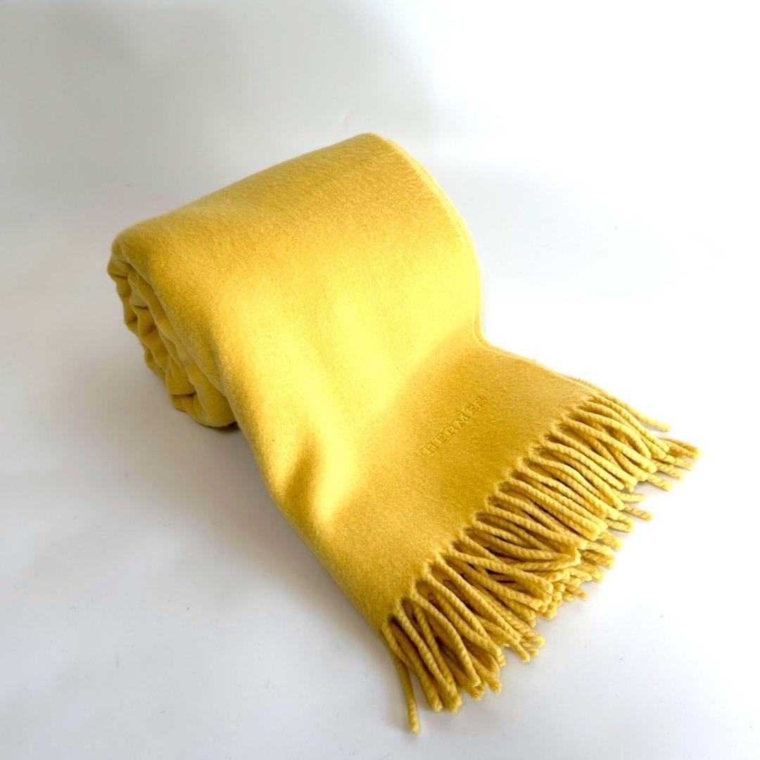 エルメス マフラー タグ有 ショール ストール ロゴ刺繍 黄金 カシミヤ