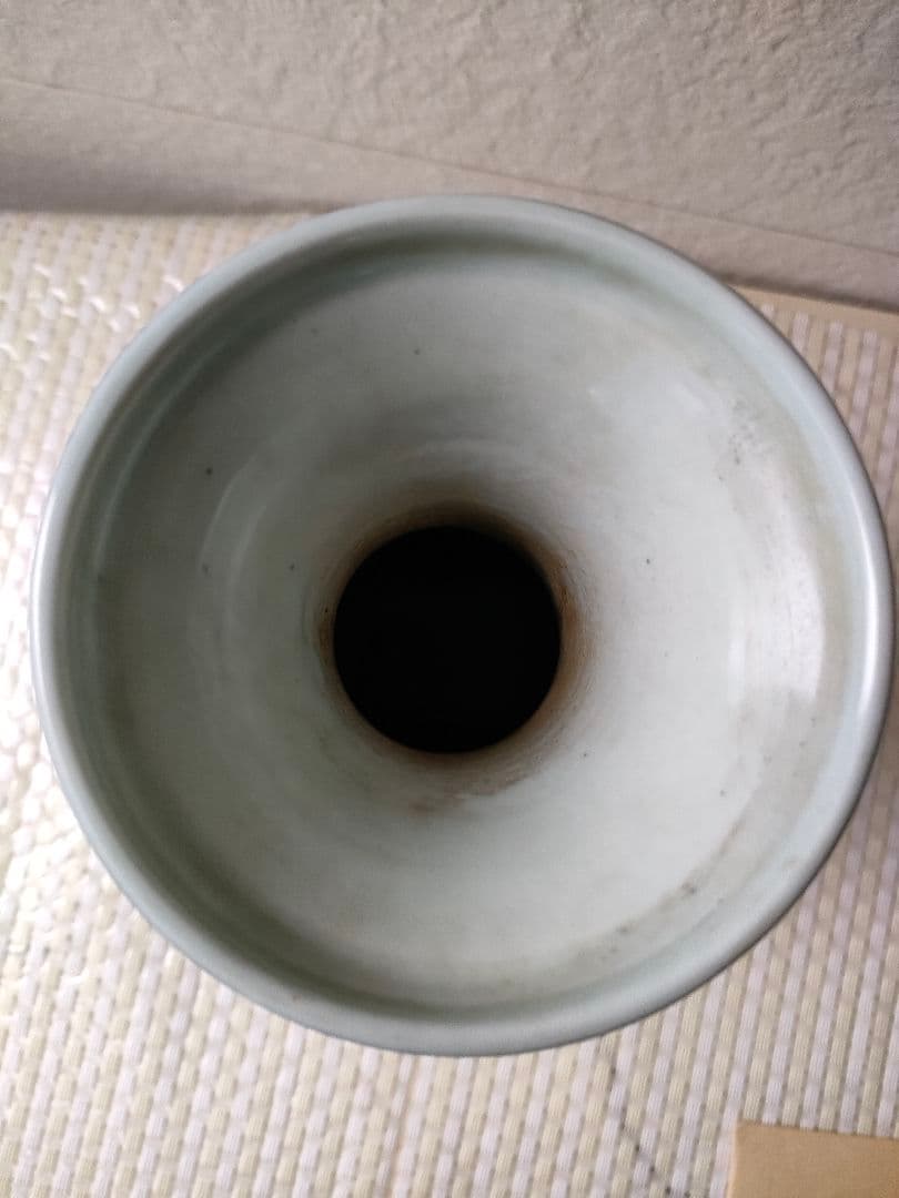 ○染付 青花 花瓶／中国陶磁器 画賛 蓮池水鳥図 高口花入れ