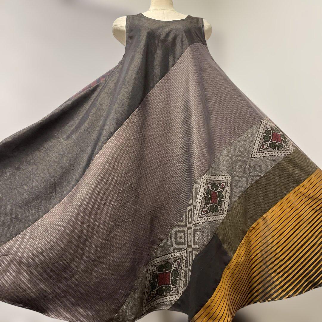 着物ワンピーステントラインロング丈《4》大島紬や紬等(7マルキ含)M〜L