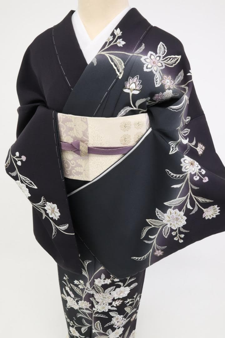 《yume★長尺◆訪問着■極上刺繍◆麗しの花唐草模様◆黒紫HB12-17》