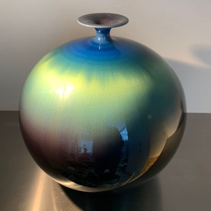 九谷焼 人間国宝 三代 徳田八十吉 (徳田正彦)「碧明釉壷」26cm 共布共