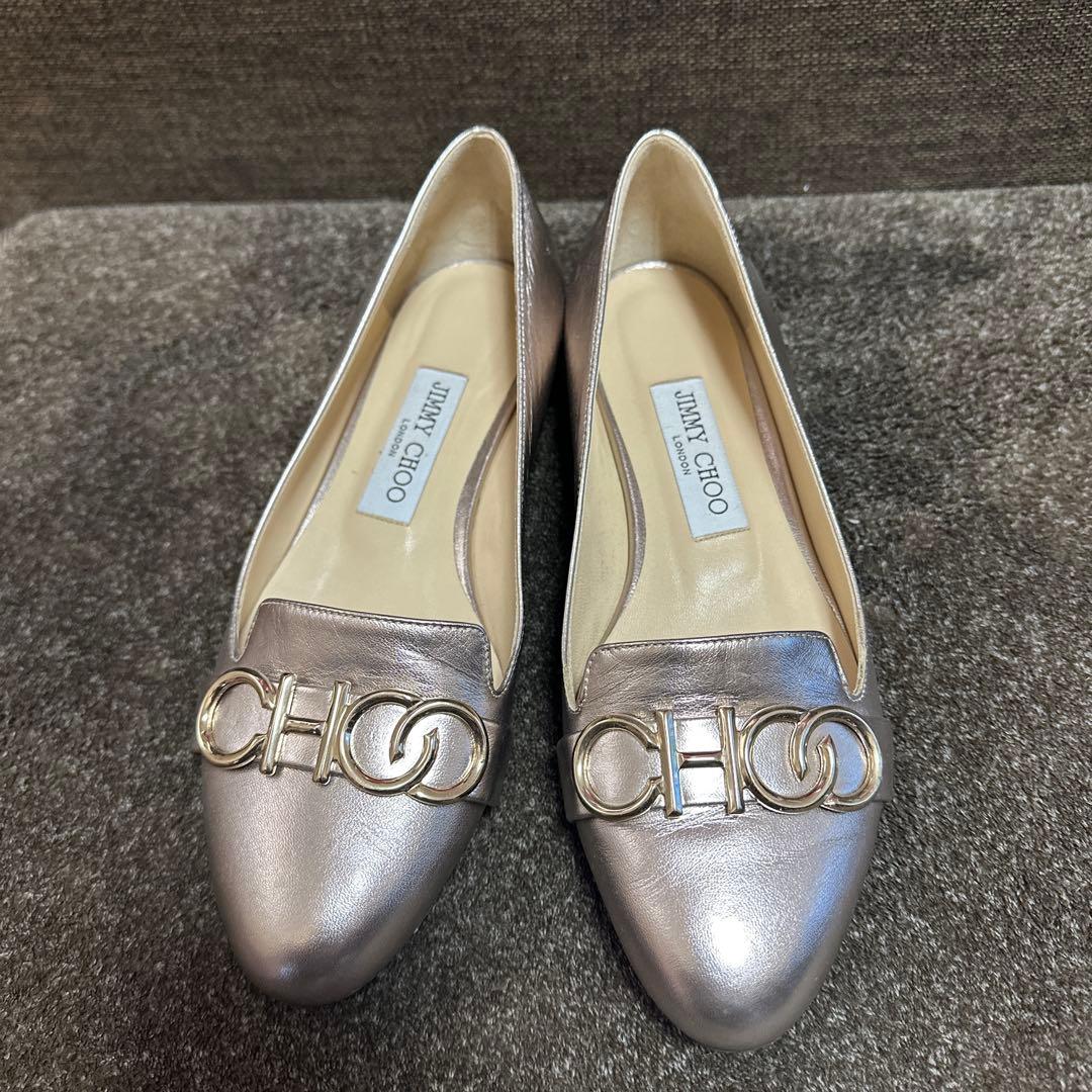 JIMMY CHOO シルバー フラットシューズ Bing Pump Flat | Latte/シルバー グリッターレザー・フラットシューズ