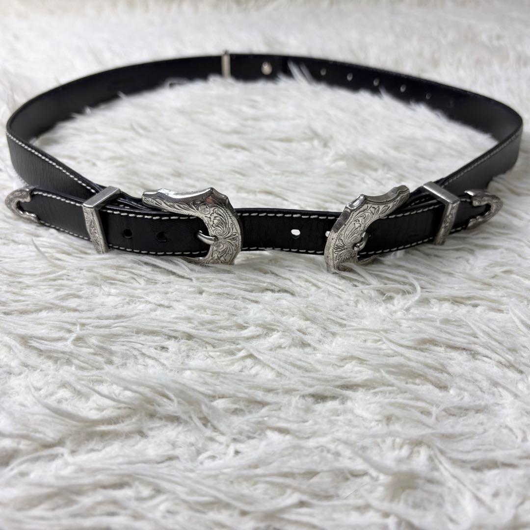 良品 TOGA VIRILIS ブラック レザーベルト シルバー ダブルバックル
