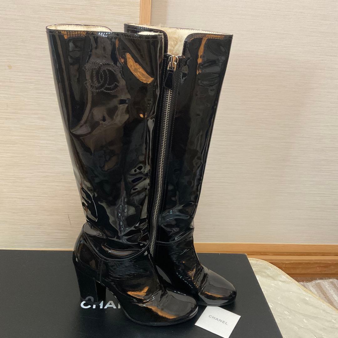 専用CHANEL ブラック パテントレザー ロングブーツ３７(23、5〜24cm シャネル パテントレザーロングブーツ ココマーク レディース SIZE 37