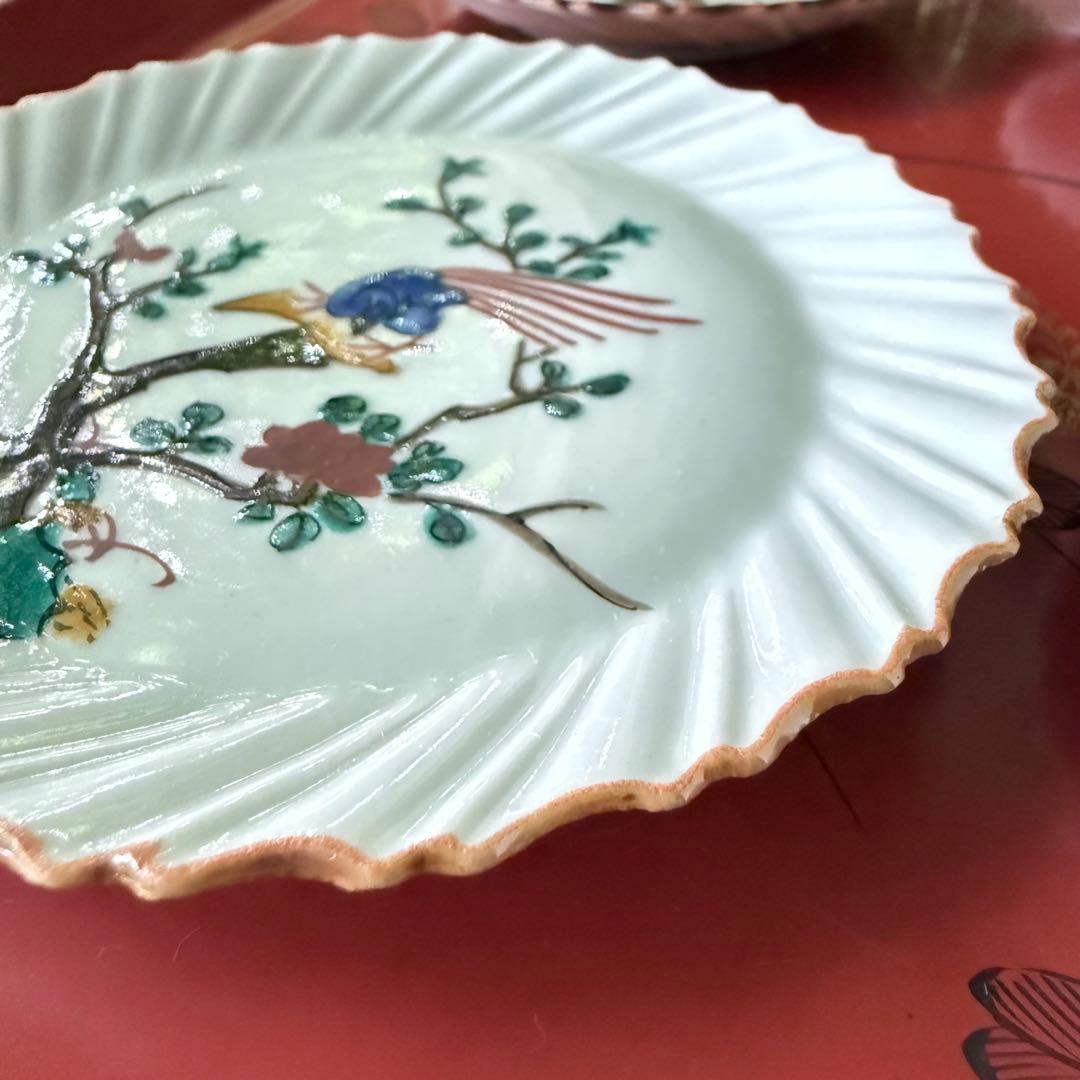 2164感謝‼️夏の倣い古九谷‼️幸せ強運の色絵花鳥図在銘福波打つ小皿4