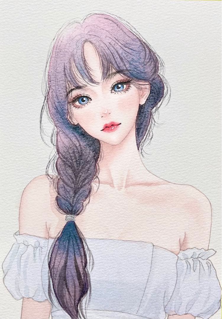 手描きイラスト 水彩画 原画 三つ編みの女の子 - メルカリ