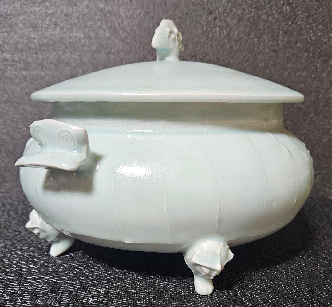 京焼 清水焼 名工 吉川充 造 青白磁 有蓋獣足鉢 香器香炉 お櫃 高島屋