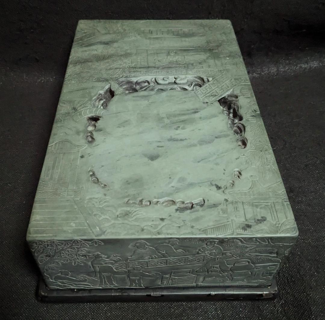 【蘭亭硯】◆五台山緑石の特大加厚硯◆群微点状波紋の潤緑美石◆唐木天地蓋◆王羲之 蘭亭硯】◇五台山緑石の特大加厚硯◇群微点状波紋の潤緑美石◇唐木天地