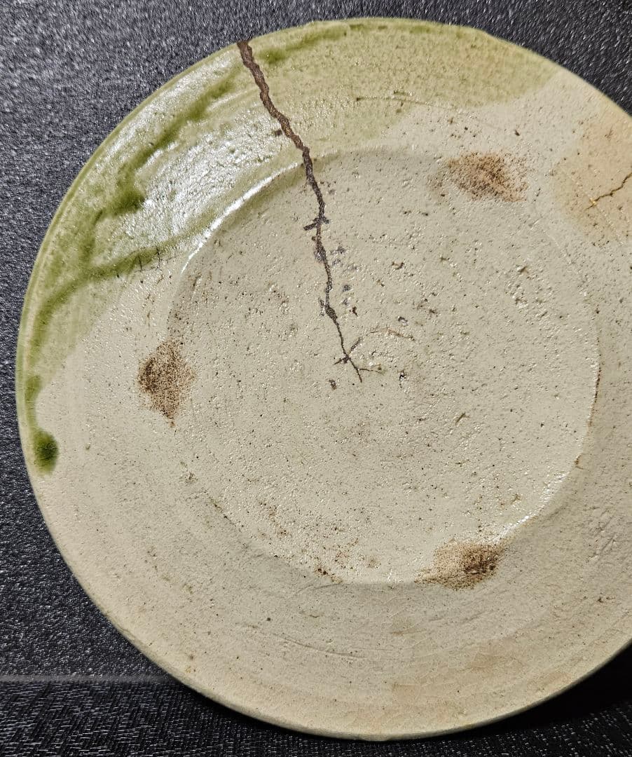 江戸末期～明治時代 瀬戸古瀬戸 鉄絵 菊図 緑釉掛 径20.2cm 行灯皿 石