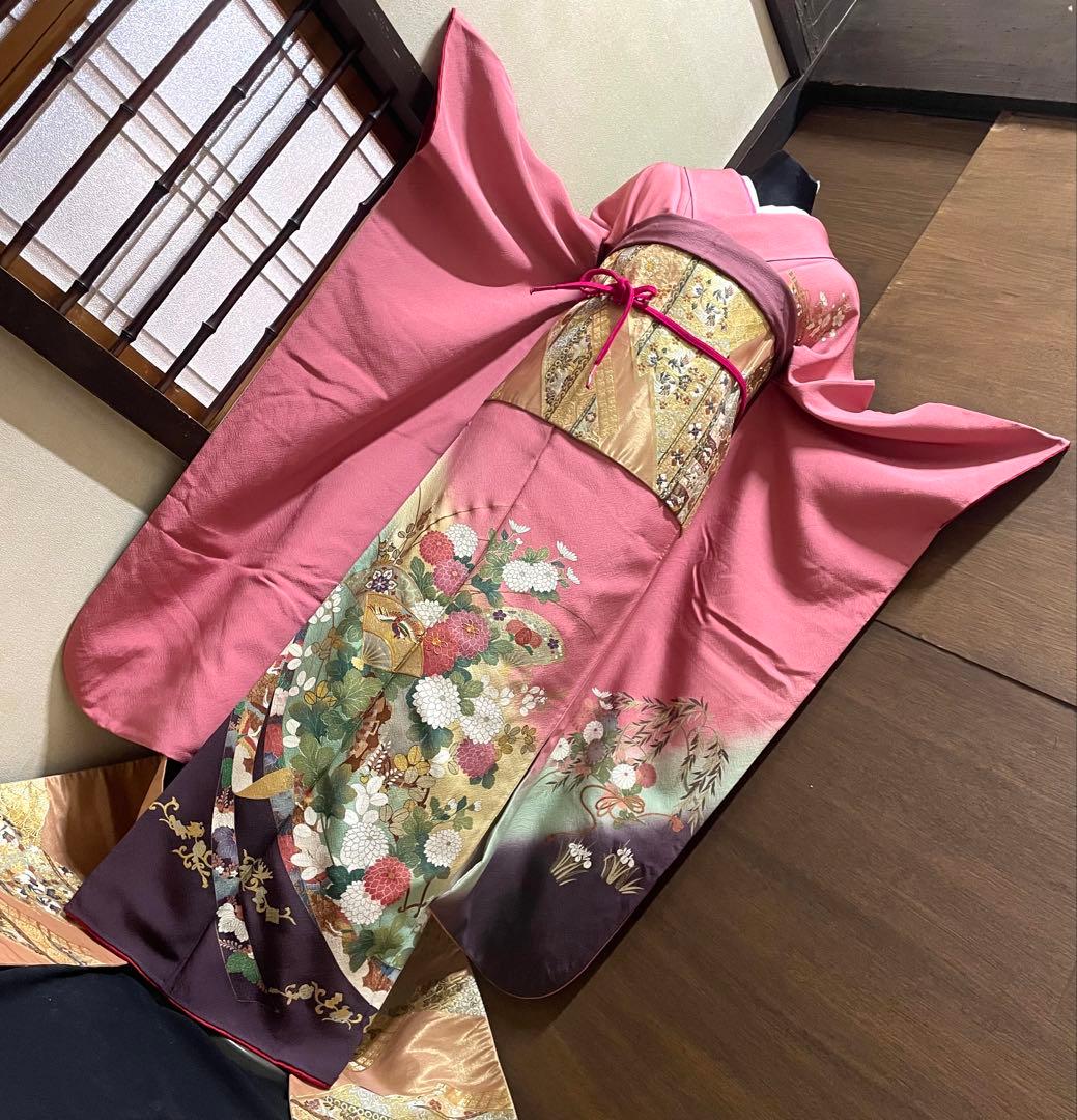 振袖 フルセット6点サイズS〜M 駒刺繍 扇面鳳凰花車文 暈し染め 金彩