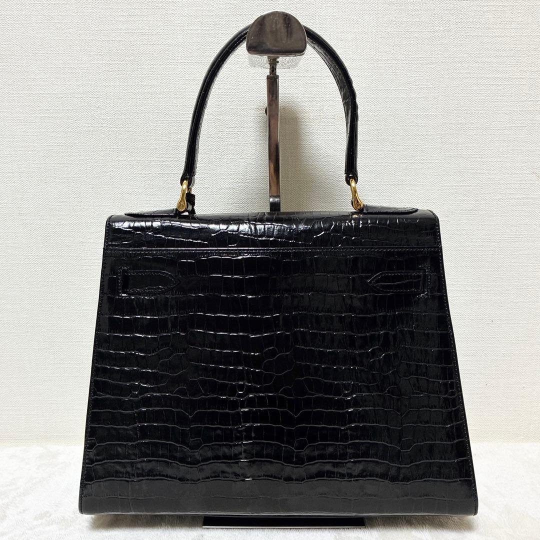 美品 M&K TOKYO クロコダイル シャイニング センター ハンドバッグ 黒
