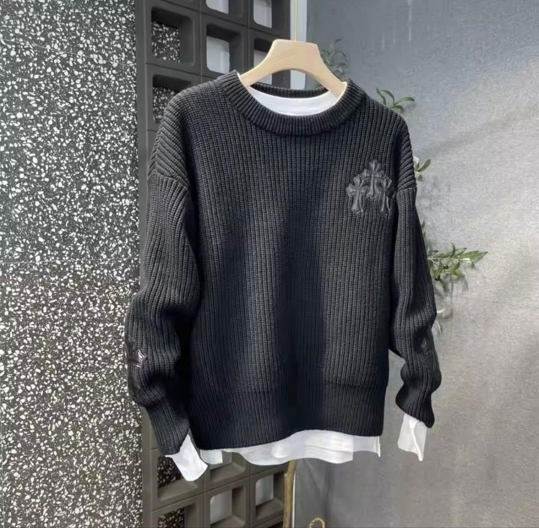 Chrome Hearts レザーパッチ ニット 黒 オーバーサイズ 男女兼用 CHROME HEARTS（クロムハーツ） レザークロスパッチ ニット セーター