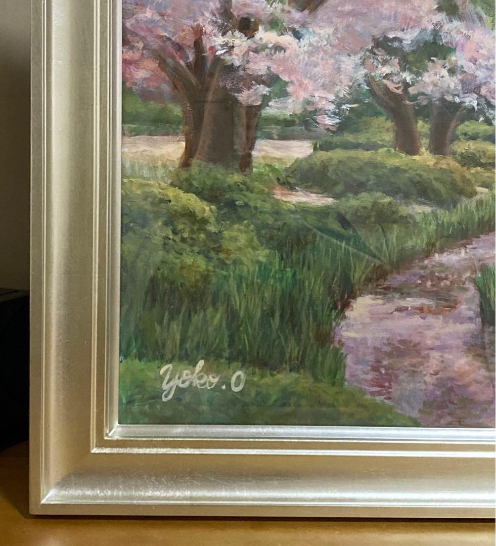 兼六園桜風景 油彩画 大角陽子 ゴールド額縁