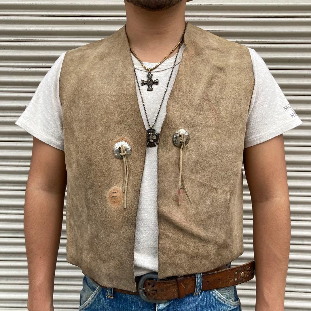 70s USA製 レザーベスト ウエスタン ベスト スウェード コンチョ