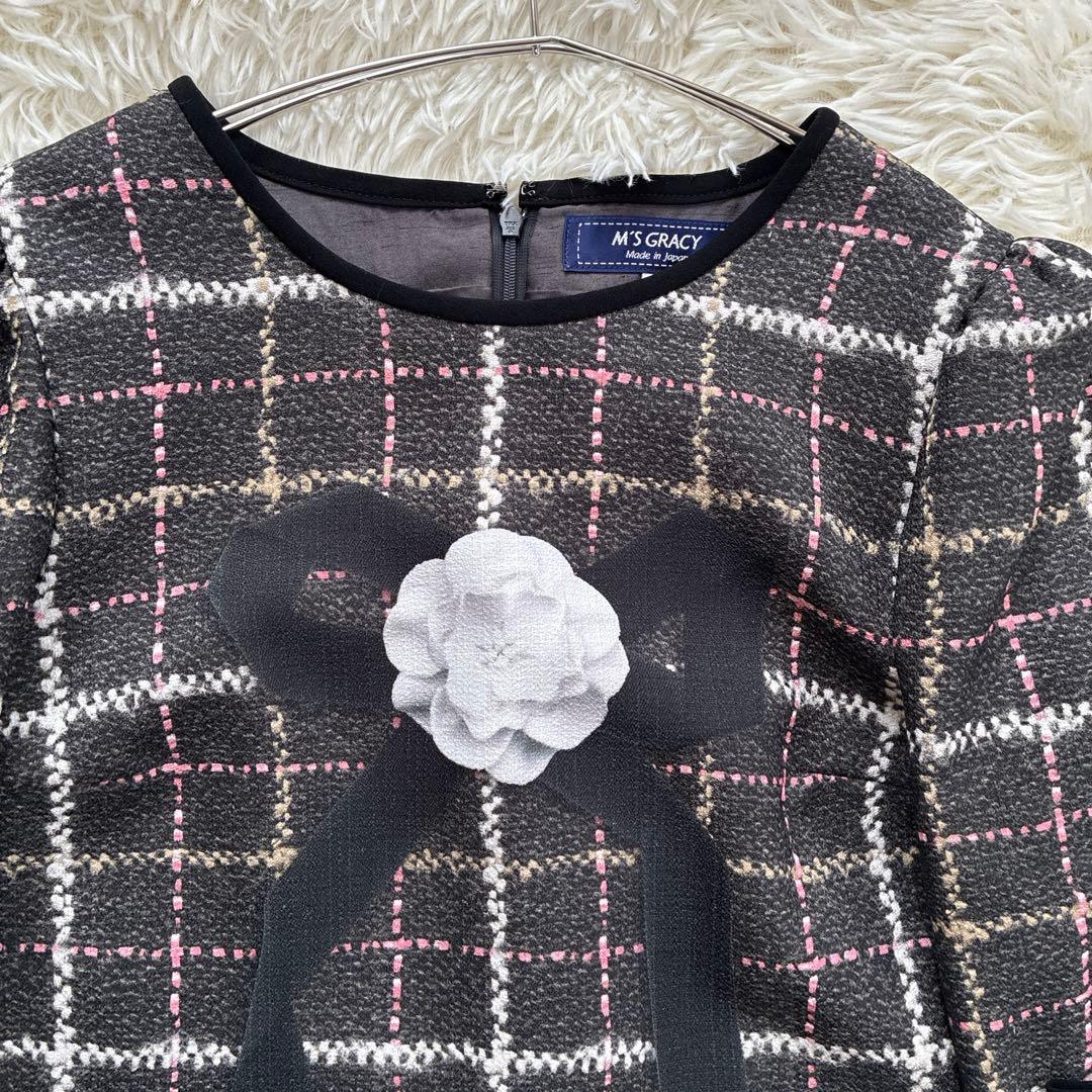 美品☆M'S GRACY ツイードライクプリントワンピース リボン 大きい