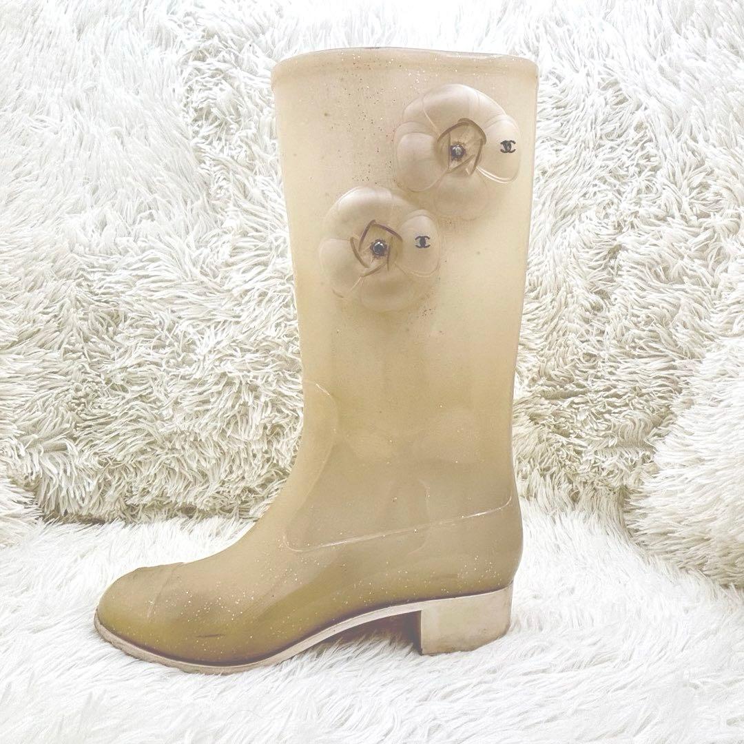 CHANEL レインブーツ カメリア ホワイト ココマーク シャネル 長靴 38