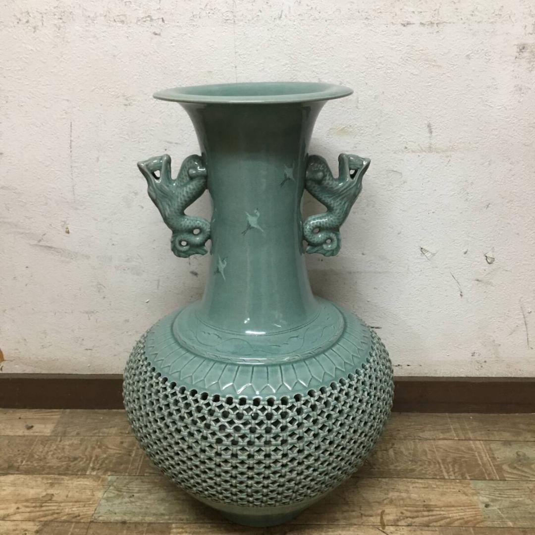 青磁大壺 芸泉 青磁壺 高麗青磁 壺 高さ63㎝ 花瓶 透彫 透かし 鶴雲文