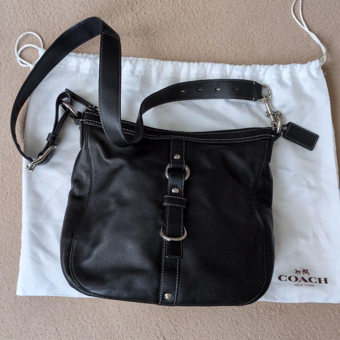 お値下げ、美品、COACH ブラックレザー ショルダーバッグ COACH】コーチ スムースレザー ペネロペ ロゴ スリム ショルダー