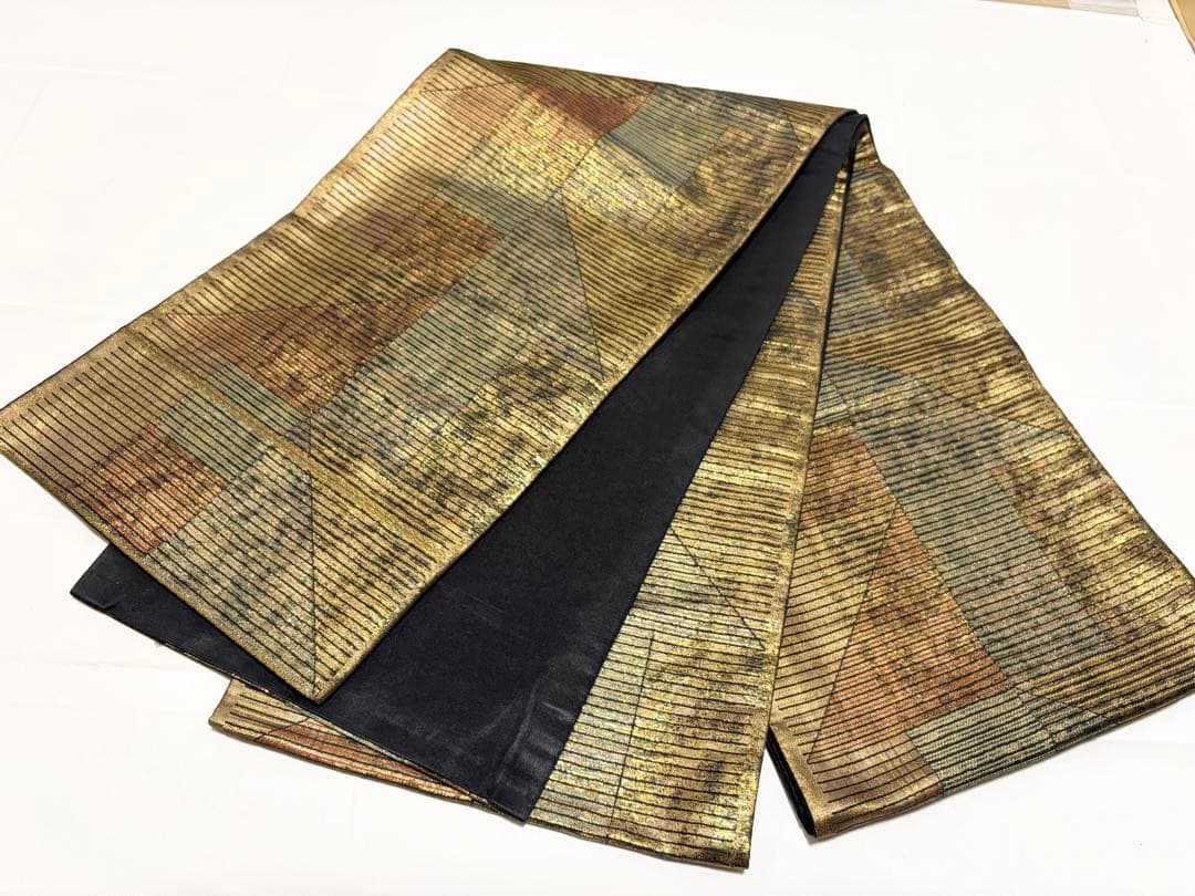 A ◇着物くつろぎ 幾何学模様 金糸 正絹 六通 袋帯 O33 - メルカリ