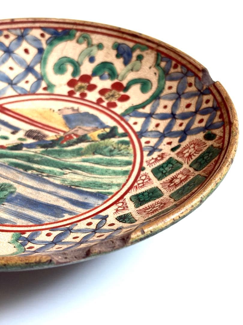 古九谷焼【骨董品/幕末】希少 色絵 山水花紋 深皿 深鉢 青九谷 古