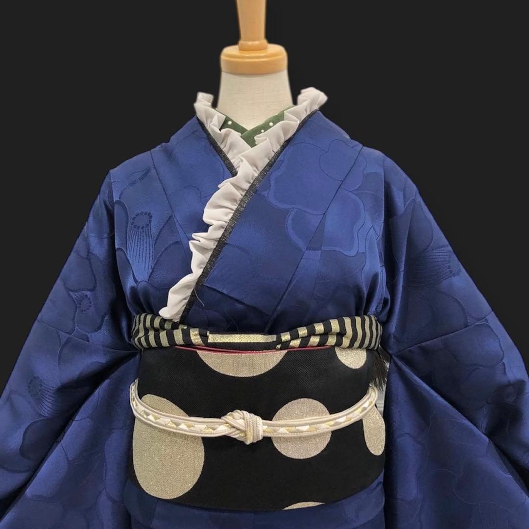 新品 洗える振袖 和風館 【無地 椿 ネイビー】丹後ちりめん☆卒業式の