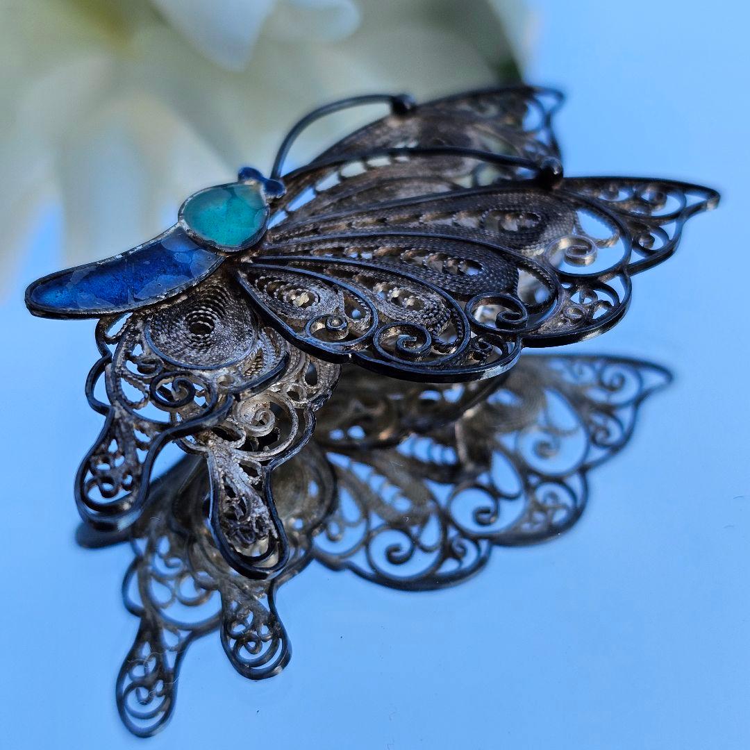 267 蝶々 銀線細工 ヴィンテージブローチ 中国七宝 フィリグリー