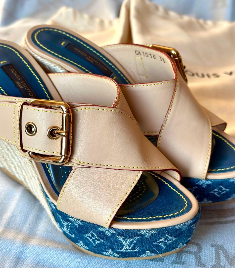《正規品》ルイヴィトン ウエッジサンダル デニム　モノグラム 35 本物
