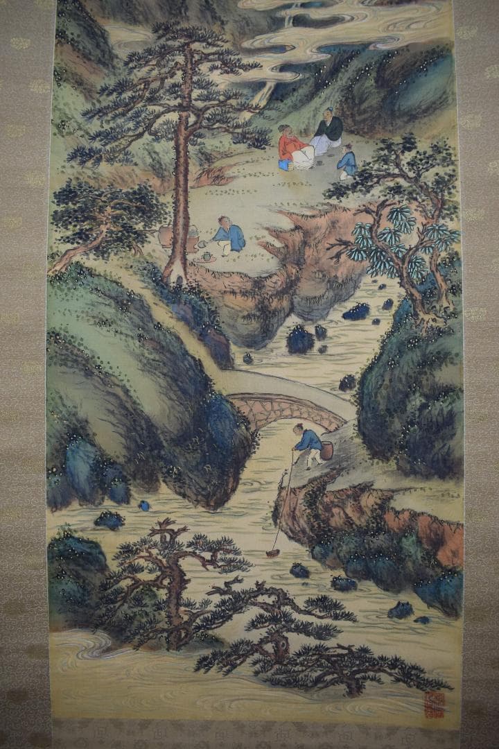 真作】東伯/青緑山水人物画賛/掛軸☆宝船☆Y-167 JM