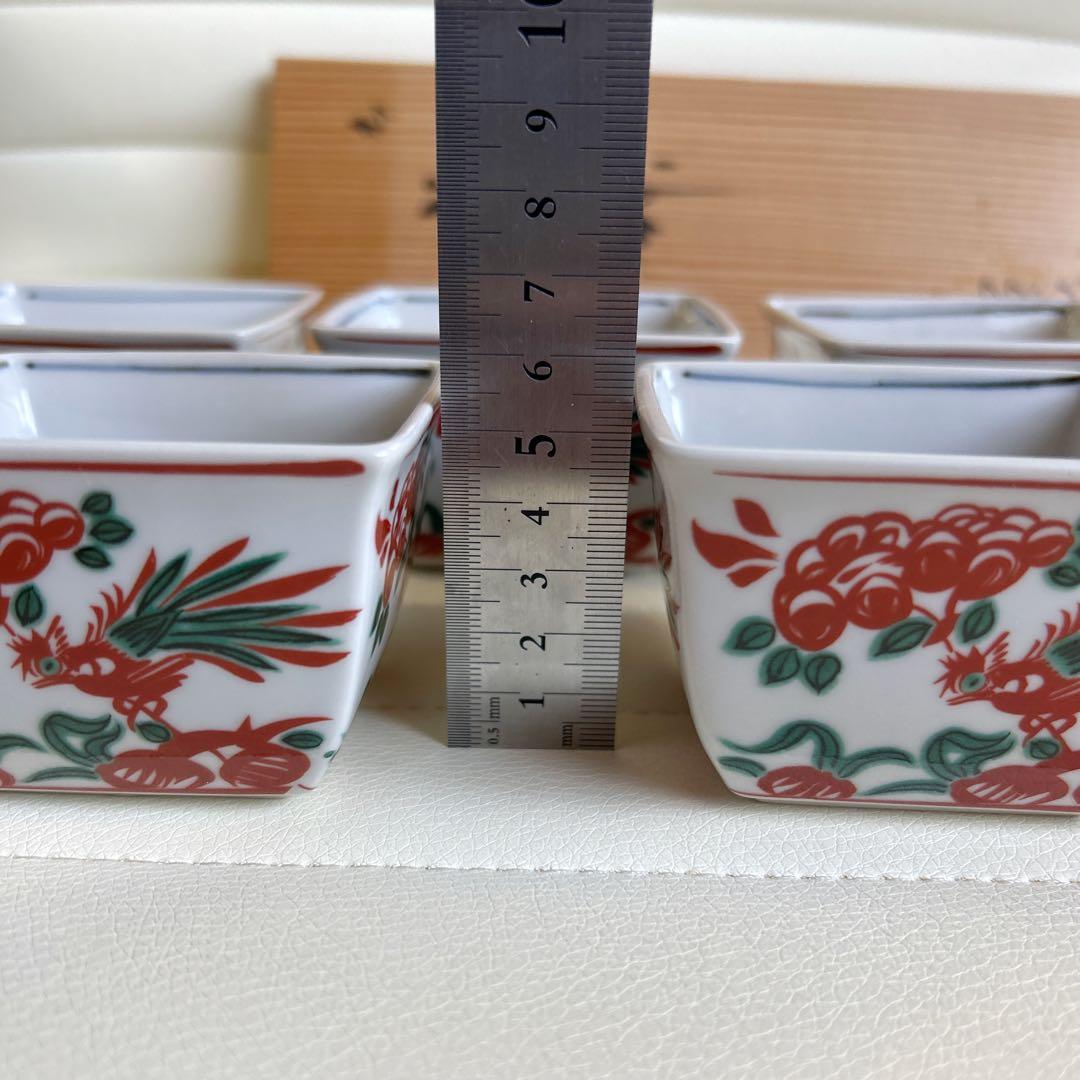 九谷焼 栄山窯 赤絵花鳥 小鉢揃 5枚セット 角鉢 色絵 角皿 和食器 共箱
