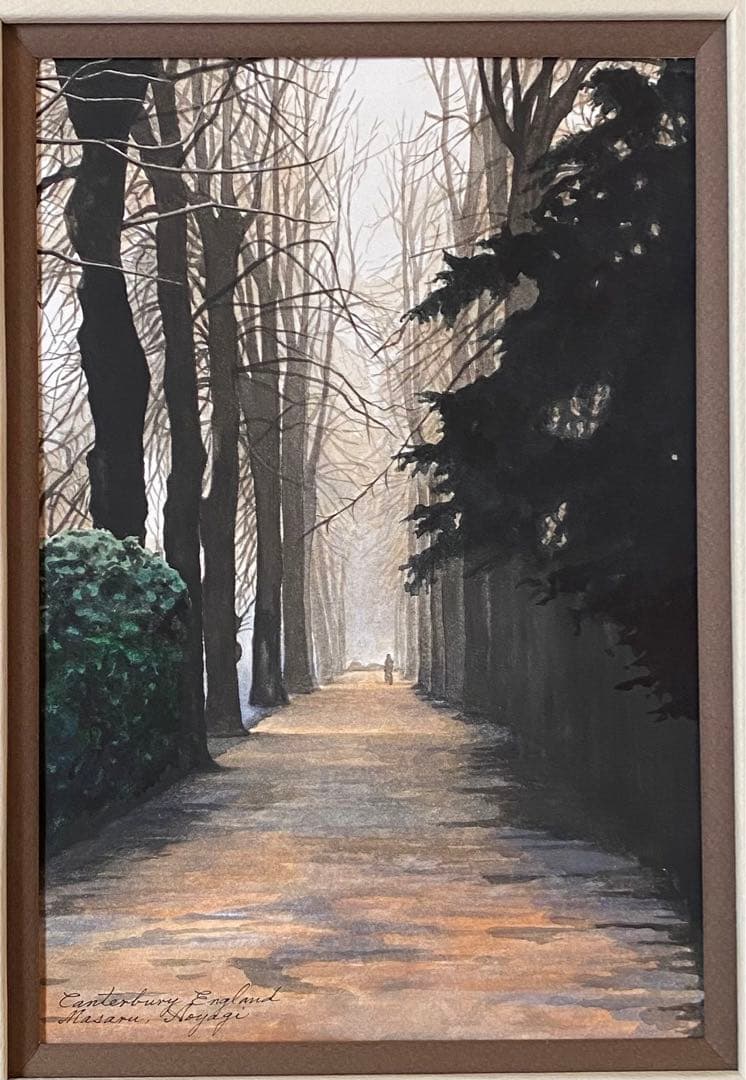 水彩画 朝靄の並木