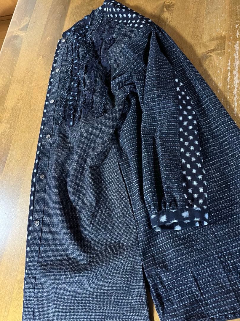 古布リメイク 久留米絣チュニック シャツ コート 雪ん子 フリル