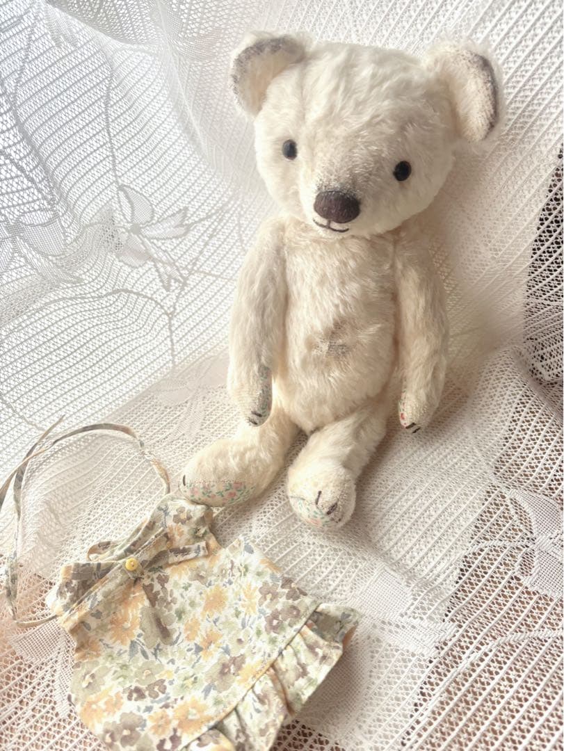 ハンドメイドベア(天然モヘア・アンティーク加工 ワンピ付き)全長28cm