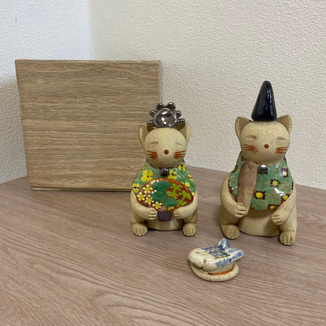 一点物 希少 益子焼 加藤麻里作 陶器雛人形 猫の嫁入り