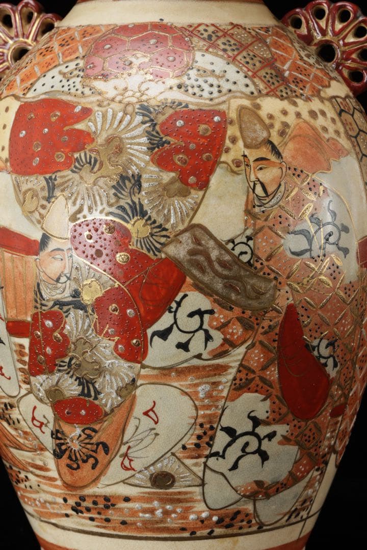 九谷焼 古九谷 赤絵金彩人物図双耳花瓶 飾壺 29㎝ 共箱
