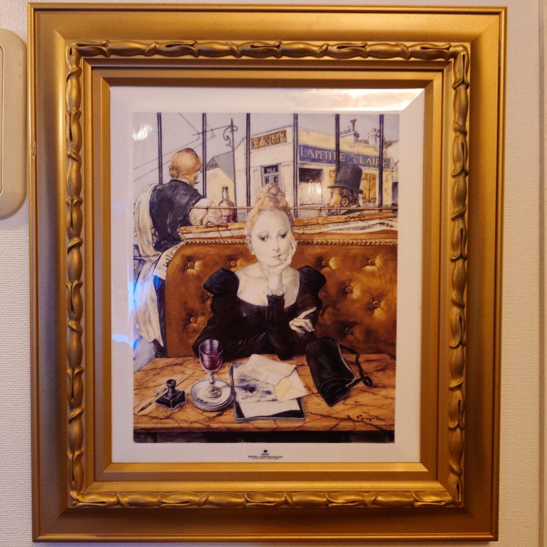 藤田嗣治カフェの女性 黒いドレス ゴールドフレーム.ロイヤルコペンハーゲン陶版画 藤田嗣治カフェの女性 黒いドレス ゴールドフレーム.ロイヤル