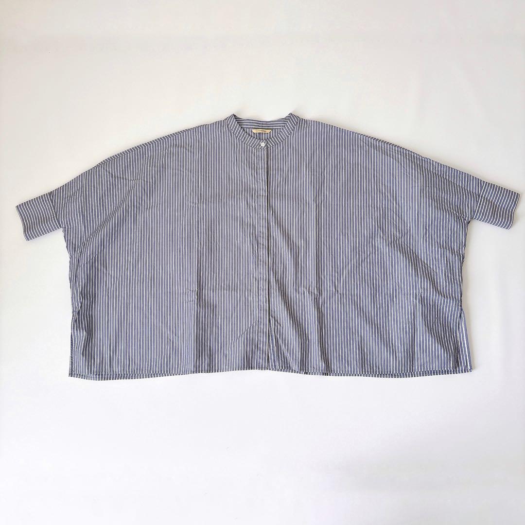 美品 カレンソロジー オーバーサイズ シャツブラウス 青×白 バンド