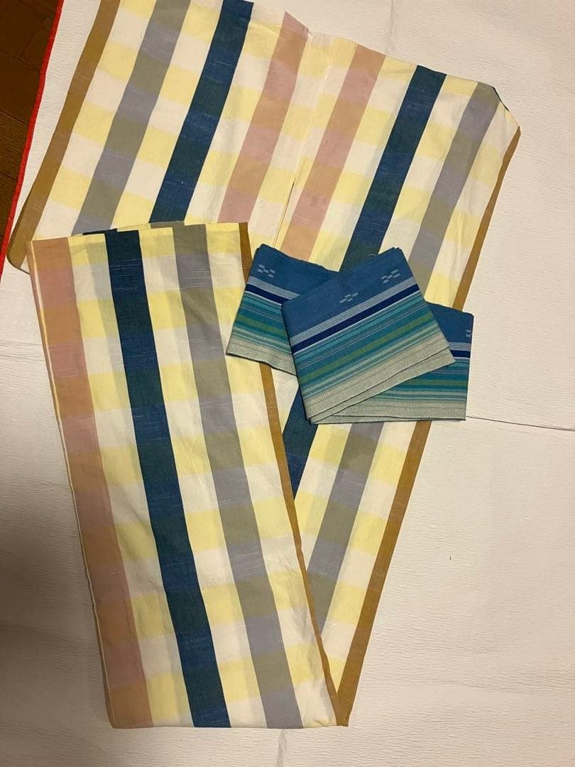 み*り様 伊勢木綿 着物のみ レモンイエロー トールサイズ 格子柄