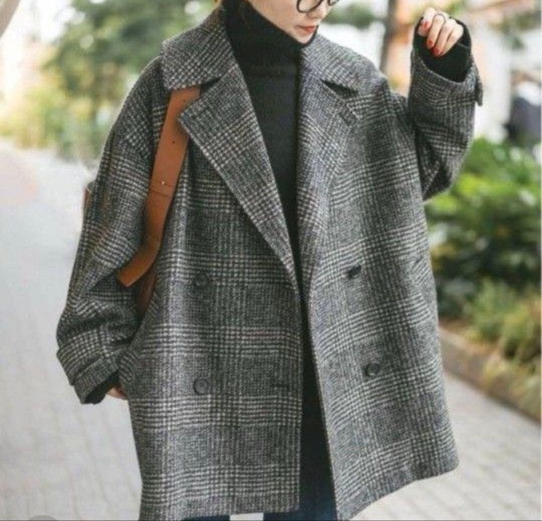 スピック&スパン Wスライバーチェックハーフコート グレー38 新品